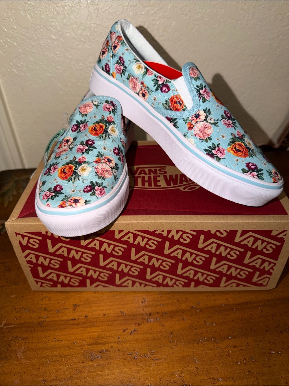 Kids Vans Floral Slip-On Sneakers in Aqua with Multicolor Blooms
